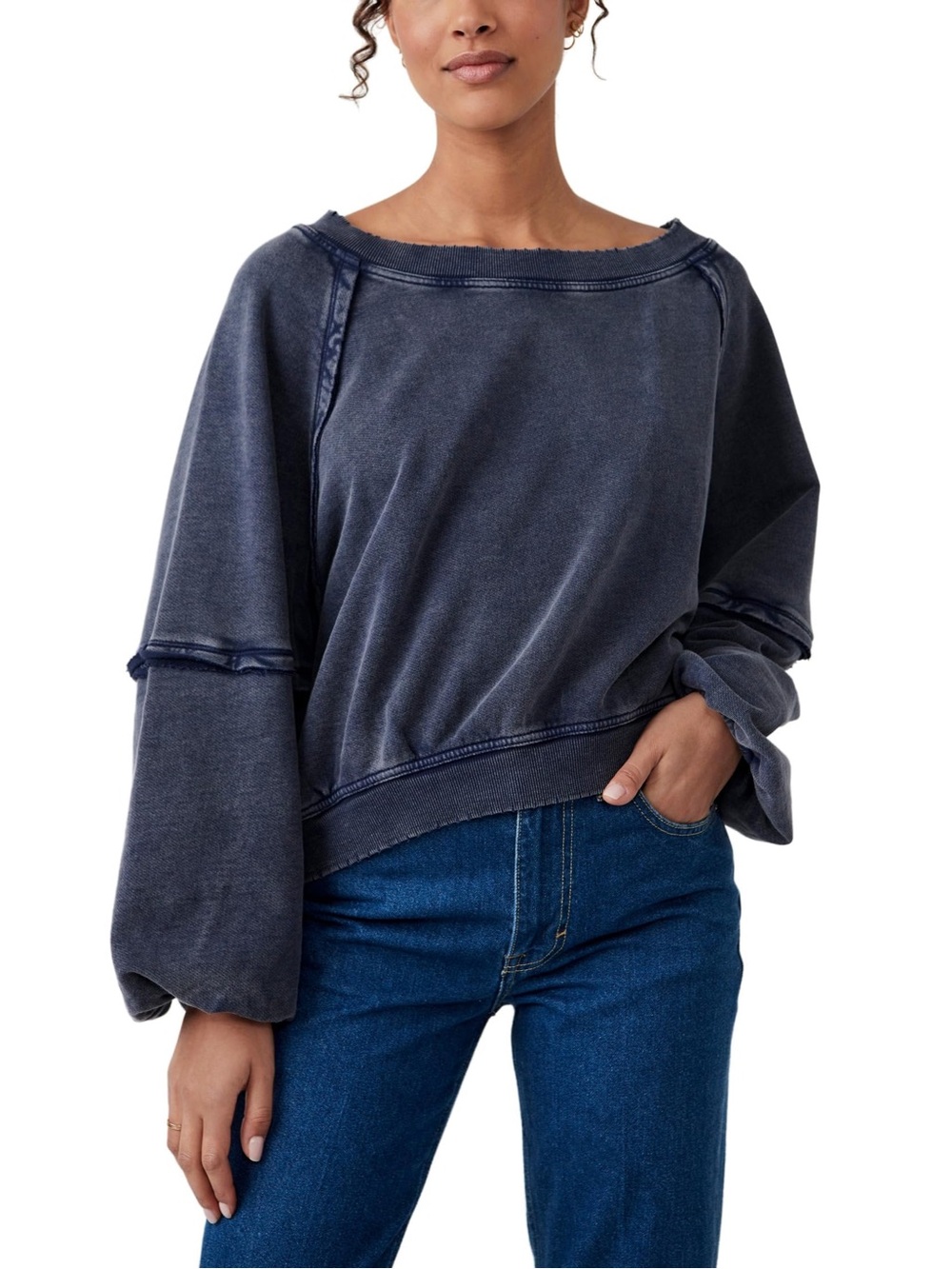 Free People Sweet Deets Balloon Sleeve Cotton Sweatshirt Navy